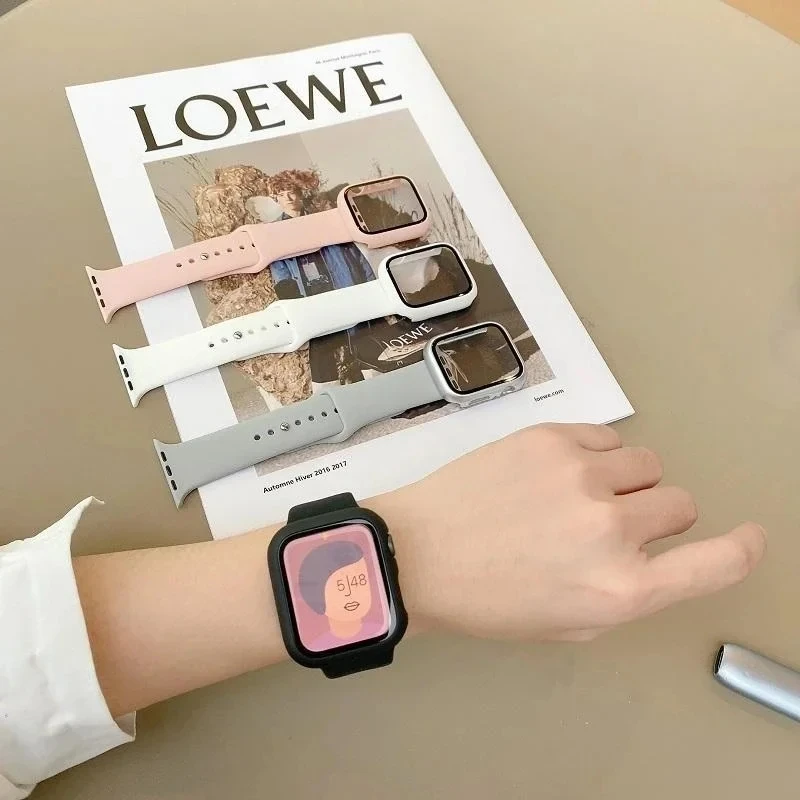 Caixa de vidro e pulseira para Apple Watch, pulseira de silicone, pulseira esportiva, iWatch Series 9, 8, 7, SE, 6, 5, 4, 3, 44mm, 40mm, 41 milímetros, 42 milímetros, 45 milímetros