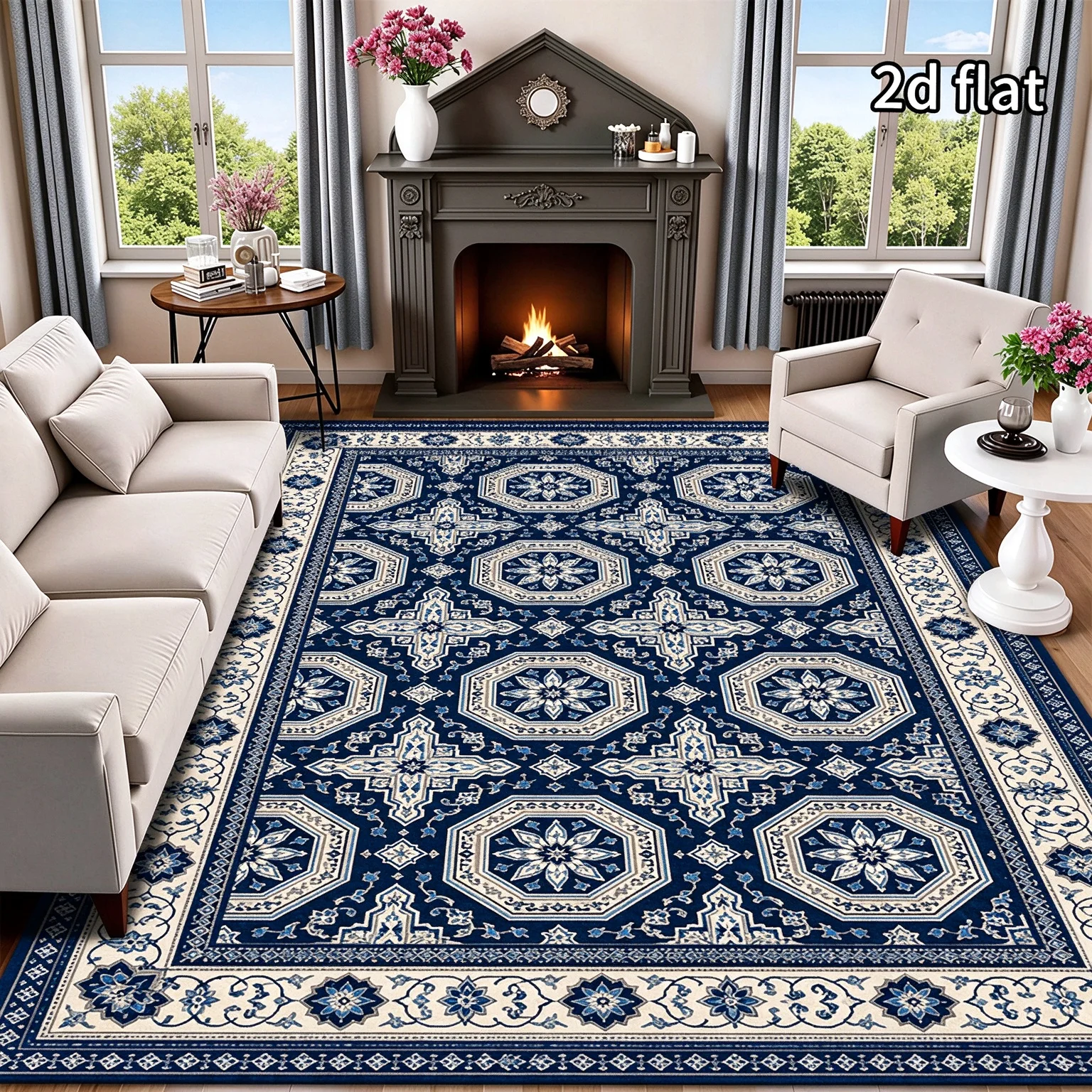 [2d Flat]Vintage Navy Blue Geometric Floral Area Rug,   Suitable for Living Room, Bedroom, Entryway And Hallway; Halloween, Thanksgiving, Christmas