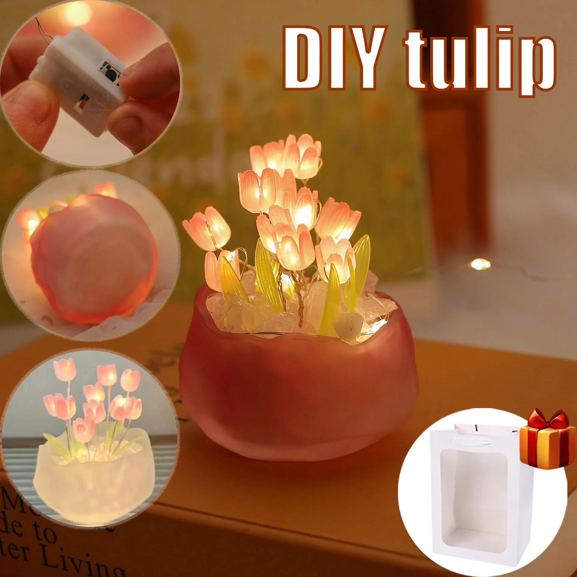 DIY Tulip Lamp Simulation Flower Bedroom Sleeping Table Lamp Handmade Craft Tulips Night Light Birthday Gift Pumpkin Cup Tulip N