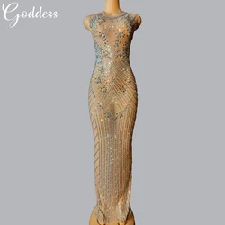 Vestido de noche con diamantes de imitación para mujer, traje de escenario para cantante, banquete, bonito, elegante, Sexy, de lujo