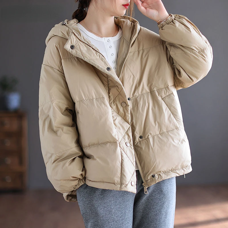 Korean Style Coat Women 90% White Duck Down Jacket Loose Casual Over Size Autumn Winter Warm Outwear with Hood Jackets