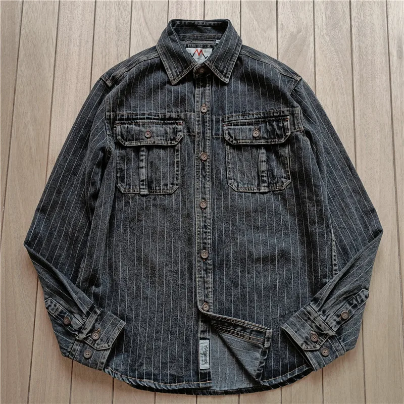 Heavy Duty Washed Vintage Cotton Denim Shirt Men's Casual American Style Autumn Winter Striped Workwear Long Sleeve ShirtYY281