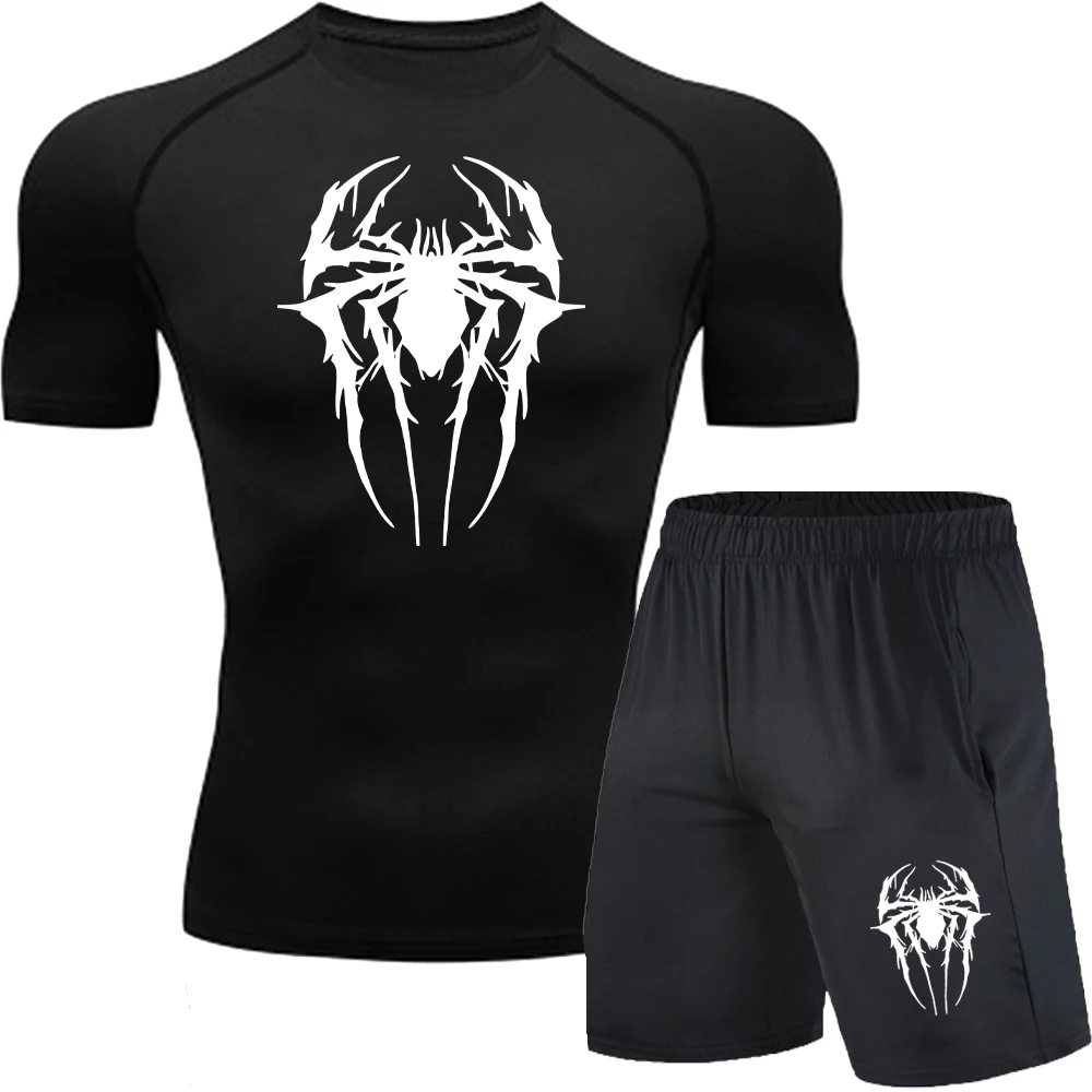 

Men's sports compression two-piece set, spider print sports T-shirt, breathable sports shorts, quick-drying, rash protection