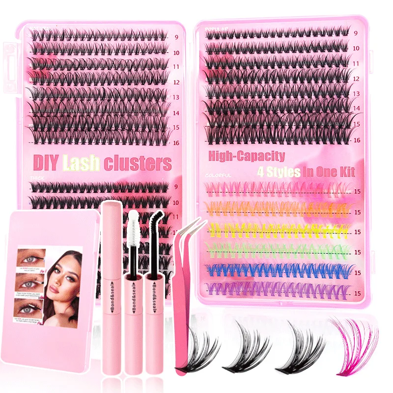 False Eyelash Set Includes Tweezers Eyelash Brush Single Cluster & Segmented False Eyelashes Black Coloured