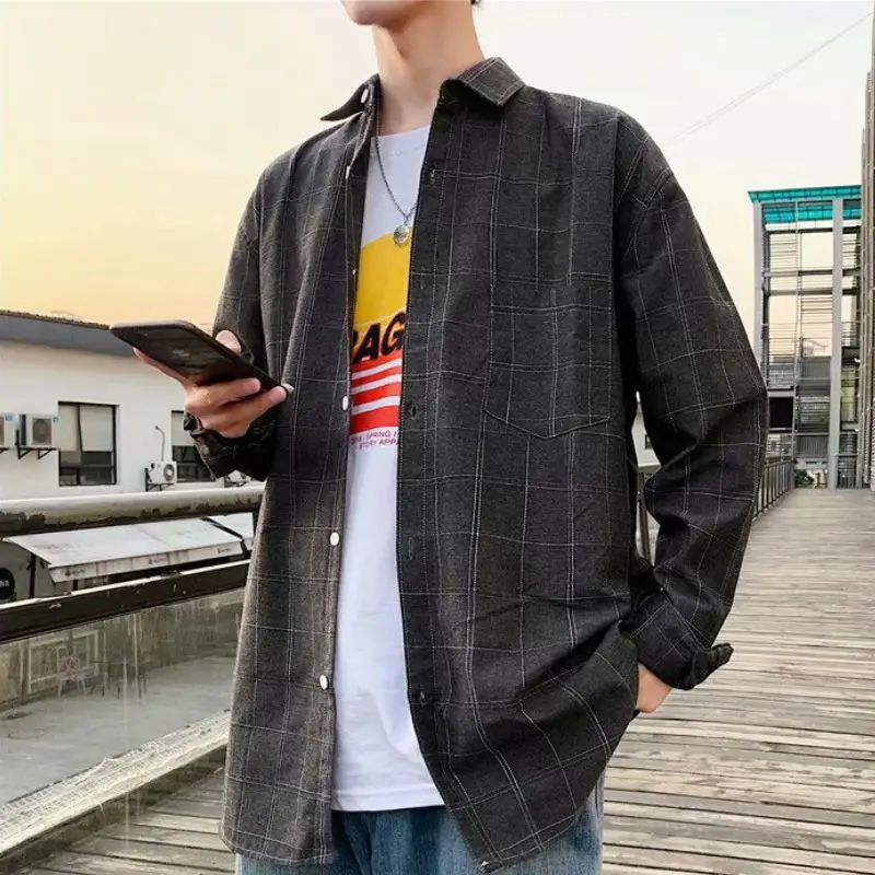 Spring Autumn Plaid Fashion Harajuku Shirt Men Loose Casual Korean Male Clothes Sport All Match Tops Long Sleeve Vintage Blouse