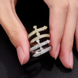 2026 New Iced Out Bling CZ Justice Sword Bangle Gold Silver Color Cubic Zircon Cross Bracelet Ring For Women Men Hiphop Jewelry