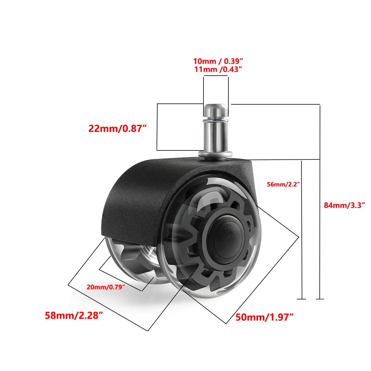 Heavy Duty Caster Wheels Quick & Quiet Rolling Chair Casters (1 piece) Office Chair Wheels Replacement 2 Inch Pole M10/M11