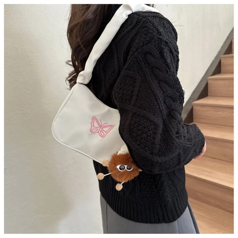 Fashion Women Shoulder Bags Nylon Sling Bag Embroidered Butterfly Underarm Bags Handbags Elegant Female Pleated Tote Bag