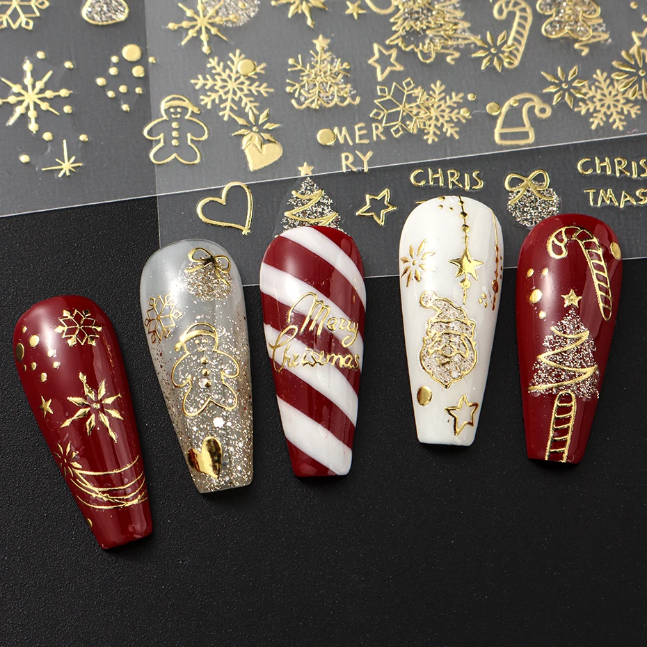 2 uds. De pegatinas doradas de dibujos animados para decoración de uñas, calcomanía de copo de nieve, globo de nieve, bastón de caramelo, muñeco de nieve, corazón, estrella, deslizadores de uñas, decoraciones