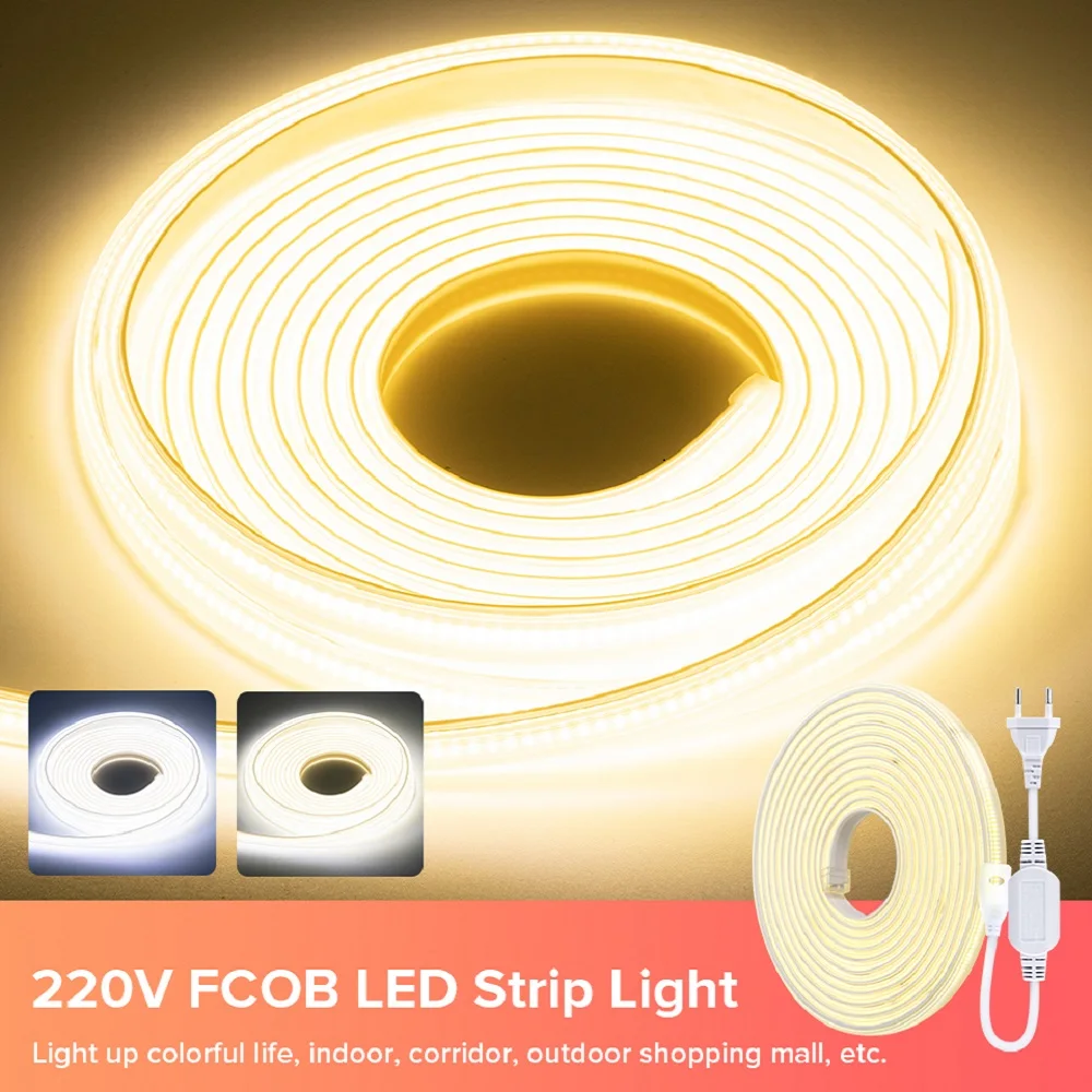 

FCOB LED Strip Light AC 220V Safety 420 Leds Cold Nature Warm White Lights High Brightness High Density Flexible Outdoor IP65 5M