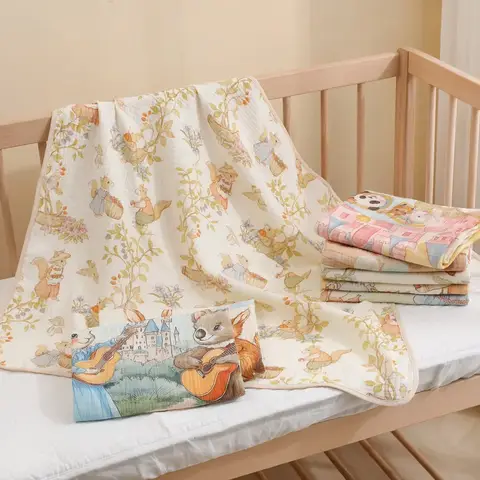 Newborn Baby Swaddle Blanket Cotton Gauze Bath Towel Class A Soft Absorbent Blankets Cute Rabbit Print Pattern Blanket