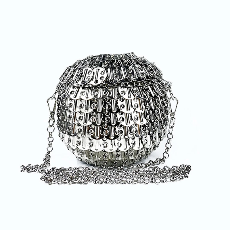 Metallic Circular Evening Party Bags For Women Luxury Designer Handbag Purse 2024 New In Fashion Handmade Weave Chain Crossbody