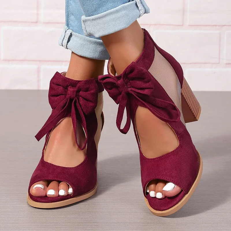 Sandals Women Peep Toe Bowknot Chunky Heeled Sandals Summer Ladies Elegant Butterfly Knot Sandals Back Zipper Fish Mouth Shoes view 5