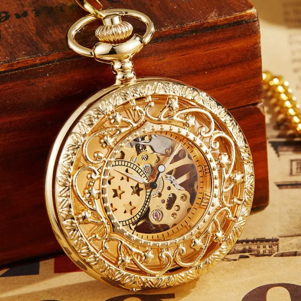 

Anitique Mechanical Pocket Watch Hollow Steampunk Pendent Chains Pocket Watch Gold Skeleton Hand-winding Fob Watch Men Women