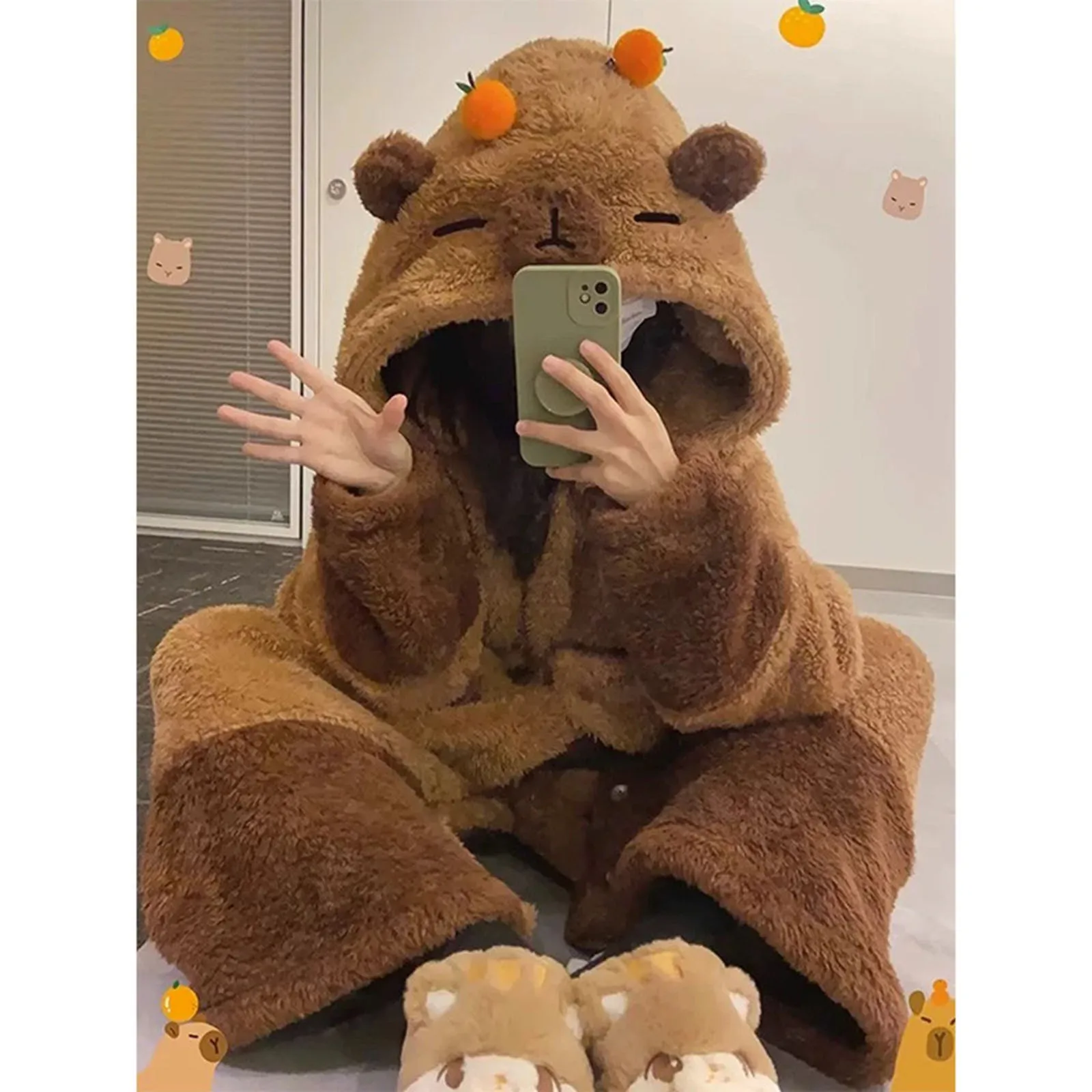 Warm Winter Nightgown Coral Fleece Sleepwear Cute Capibara Pajamas And Pants Set Anime Adult Capybara Cosplay Halloween Costumes