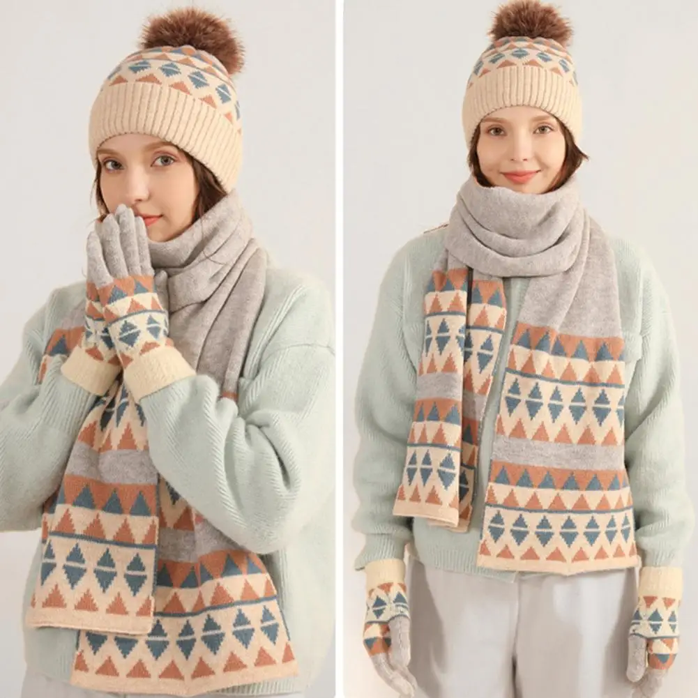 

Wool Warm Cold-proof Hat Scarf Gloves Set Japanese Jacquard Knitted Gloves Scarf Hat Set Stylish Winter Knit for Women for Her