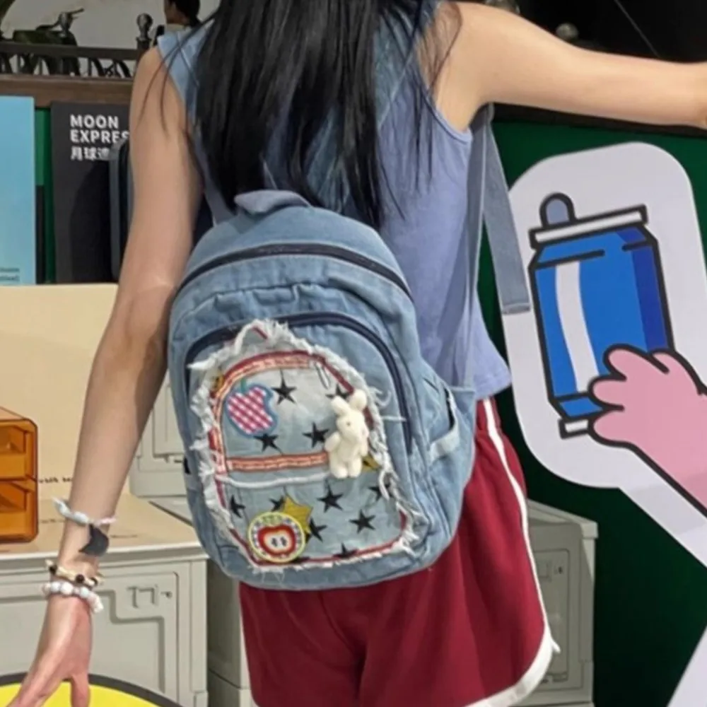 JIAERDI Harajuku Denim Backpack Women New Hot Girls Star Chic Patchwork Mini Backpacks Female Subcultures Y2k Mochila Aesthetic