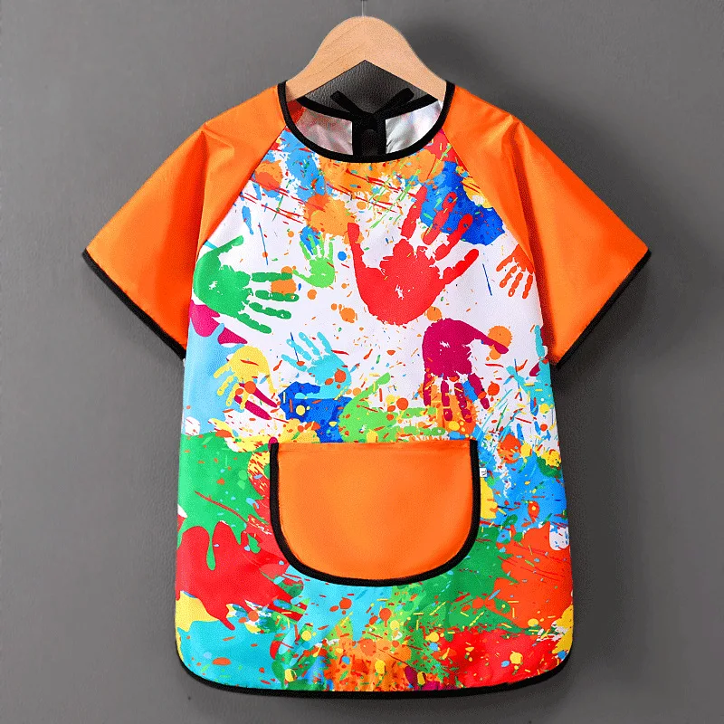 Children\'s Painting Apron Painting Cover Waterproof Summer Short Sleeve Art Reverse Wearing Protective Kindergarten Dining Bib