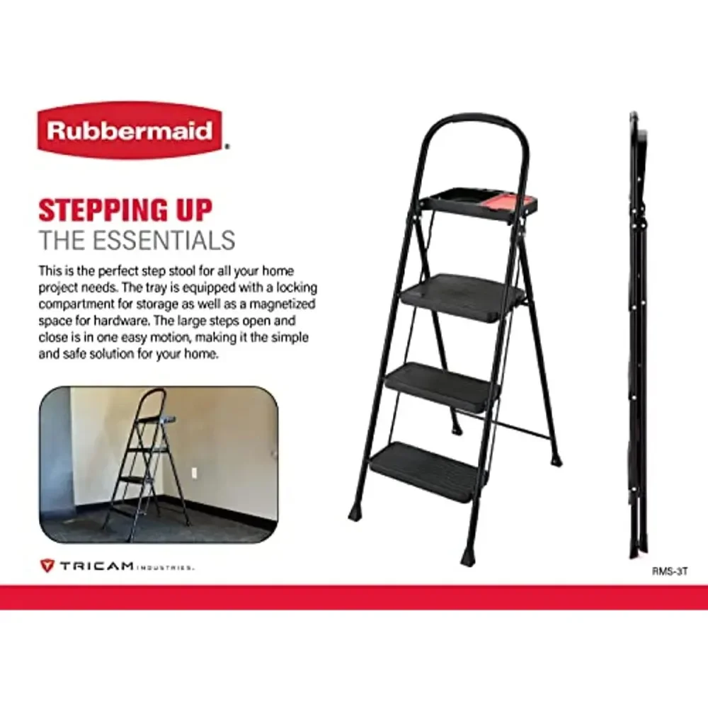 Rubbermaid RMS-3T 3-Step Steel Step Stool with Project Tray, 225-pound Capacity,Black