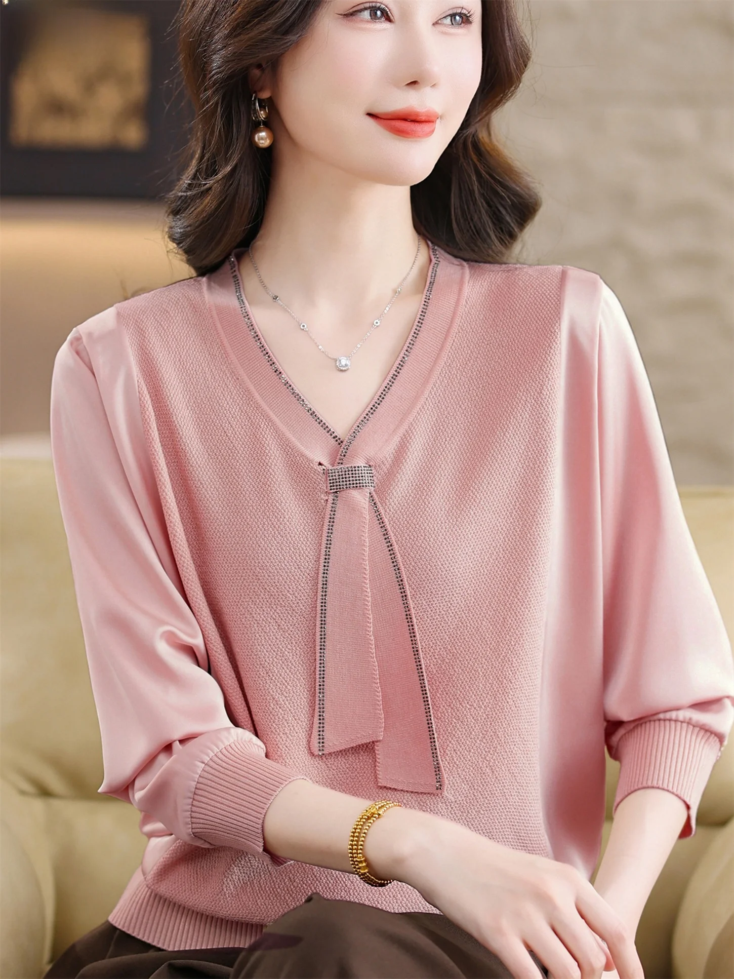 

Новый женский свободный вязаный свитер с V-образным вырезом на весну-осень, модный базовый топ с узлом на горловине