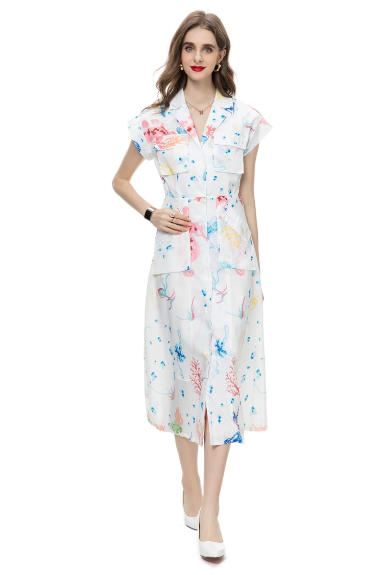 Women's Runway Dresses Notched Collar Short Sleeves Printed Elegant Mid Vestidos with Belt