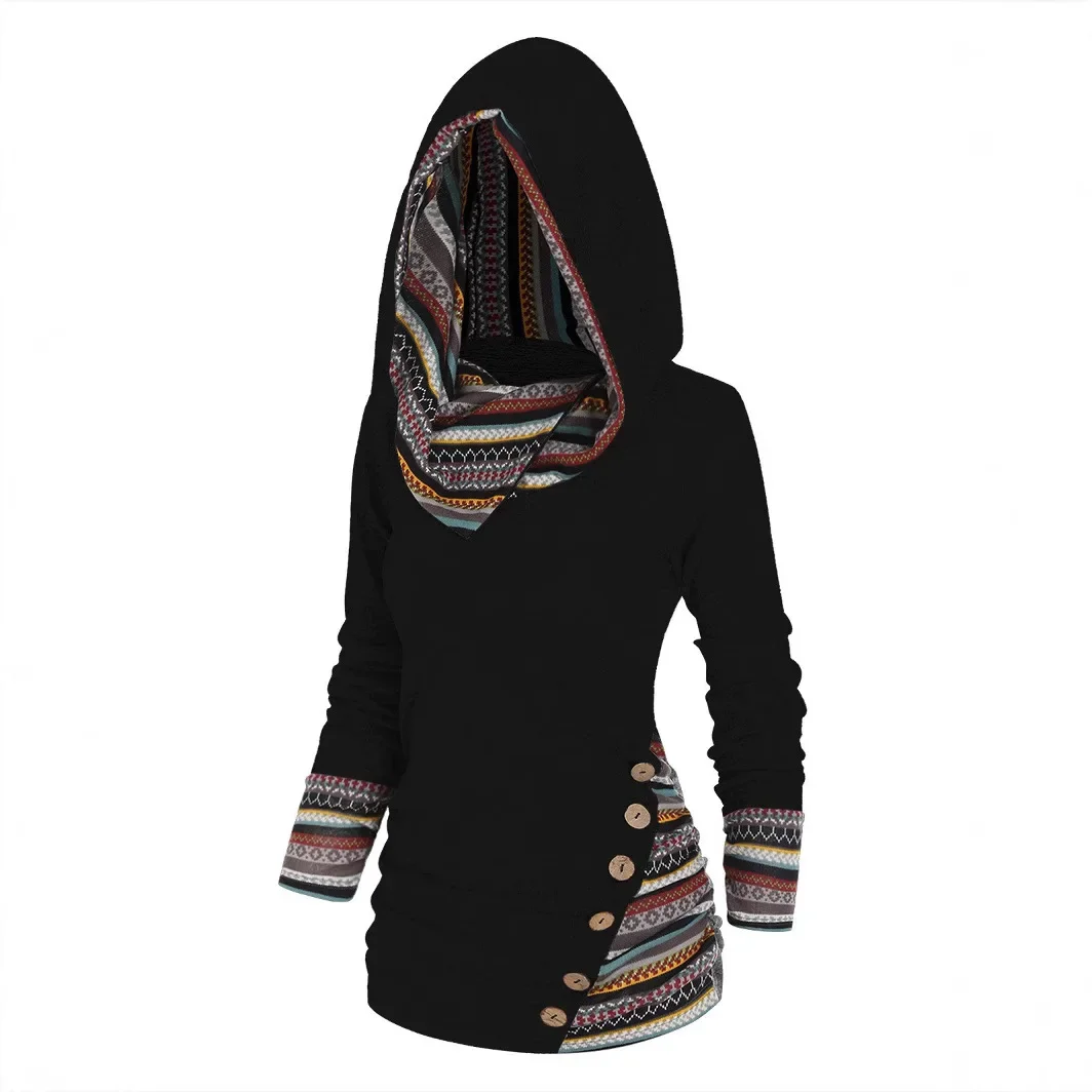 Women's Shirt Geometric Stripe Patchwork Cross-Border Tribe Patterned Top Casual Ethnic Style Knitted Long Sleeve Hoodie
