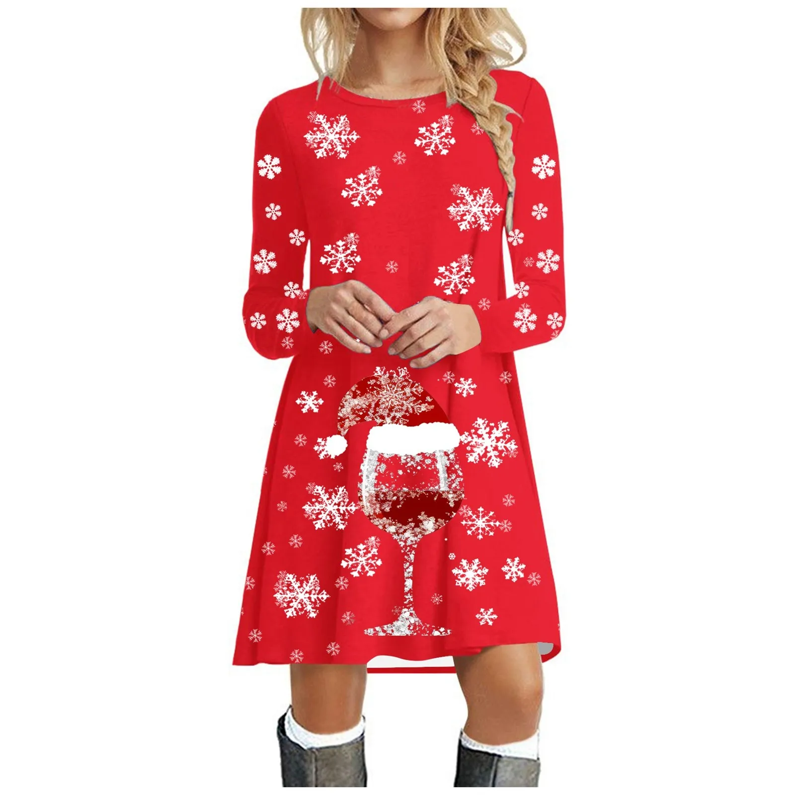 Christmas Women Short Dresses Long Sleeve Festival Ladies Red Dress wine glass Print Round-Neck Street Female Mini Dress