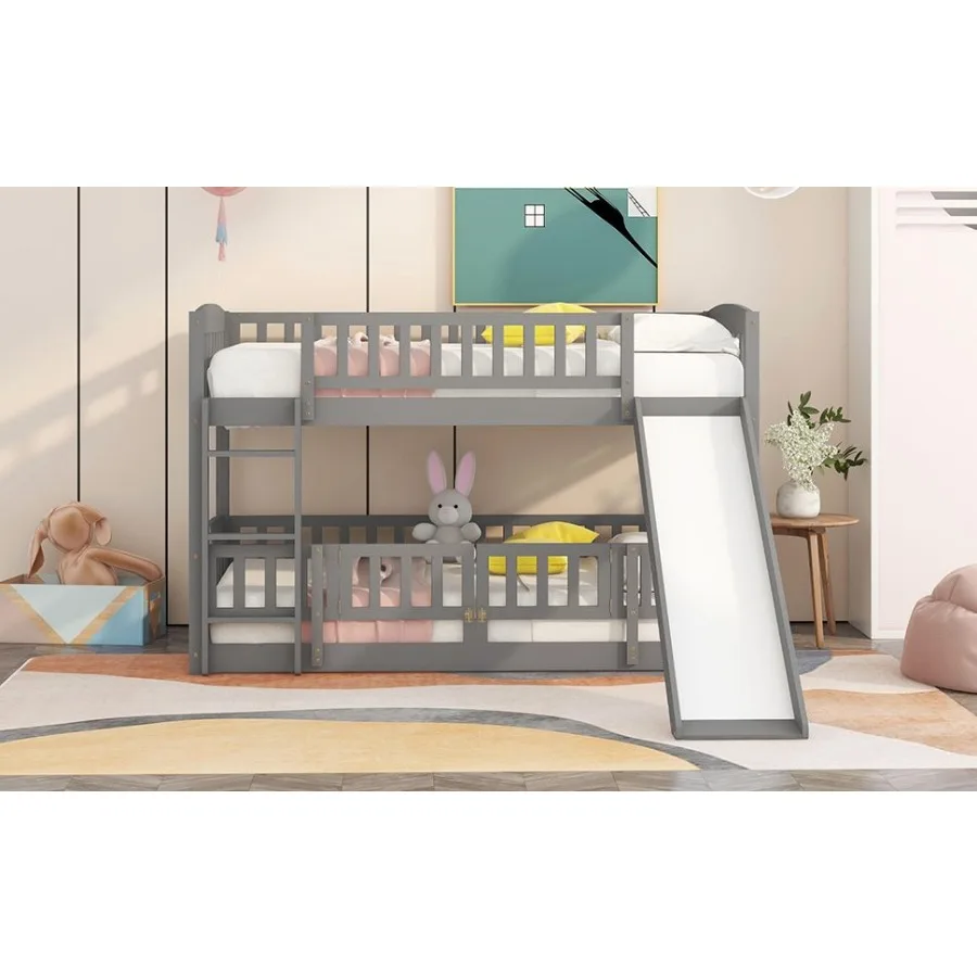 سرير بطابقين مع سرير مزدوج منزلق فوق سرير بطابقين منخفض مع سياج وسلم للمراهقين باللون الرمادي #4