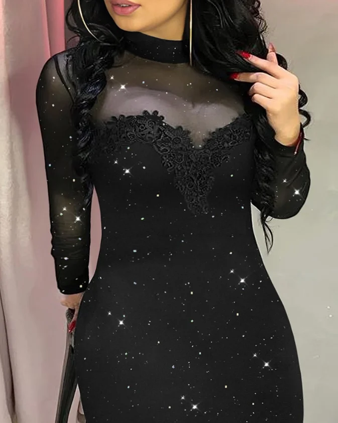 Kleid Damenmode 2025, Frühjahr/Sommer, Übergröße, Stehkragen, lange Ärmel, durchsichtiges Netz, rückenfrei, schmale Passform, figurbetontes Party-Minikleid