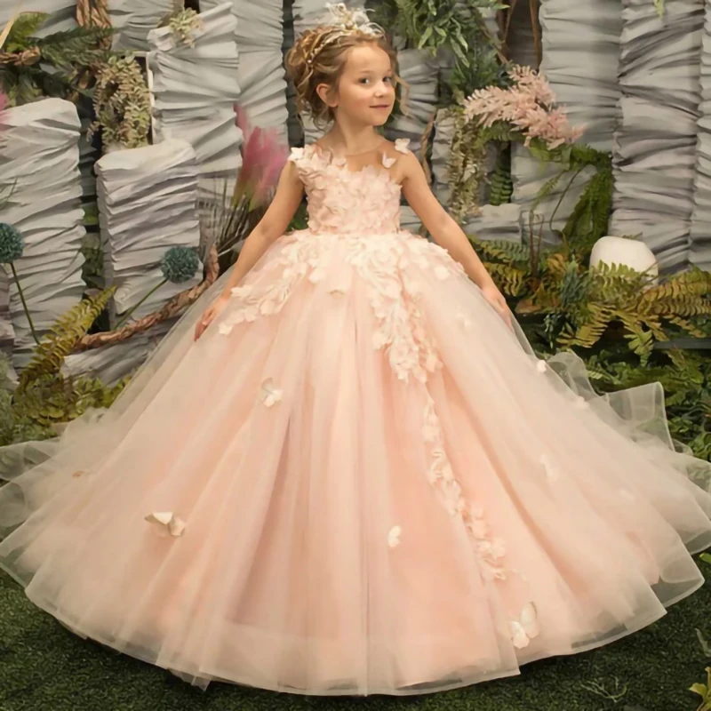 

flesh pink Flower Girl dress tulle appliques tailing long Skirt kids Can custom color wedding ball party birthday communion gown