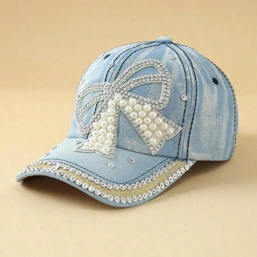 1 PC Bow Pearl Diamond Denim Baseball Cap, Spring And Summer New Girls Cap,Sun Protection Denim Hats For Women