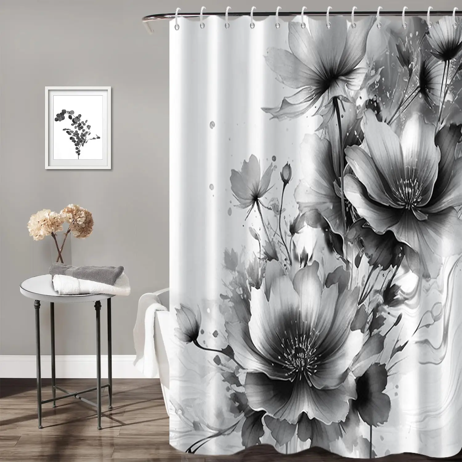 Waterproof Shower Curtain Floral Poppies Print Black and White Modern Luxury Bathroom Decor Shower Liner for Spa Bathroom Home