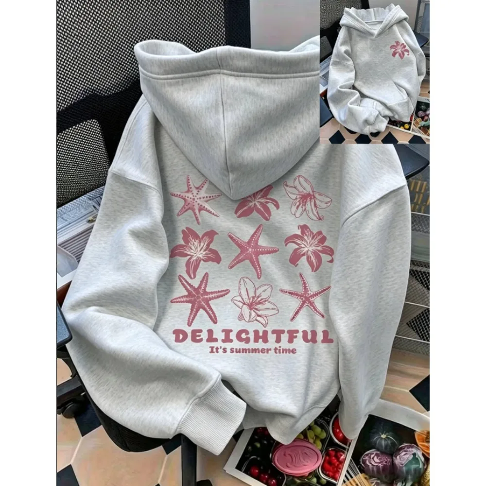 Women's casual seashell and letter pattern front and back printed pullover hoodie women's casual top versatile style hoodie