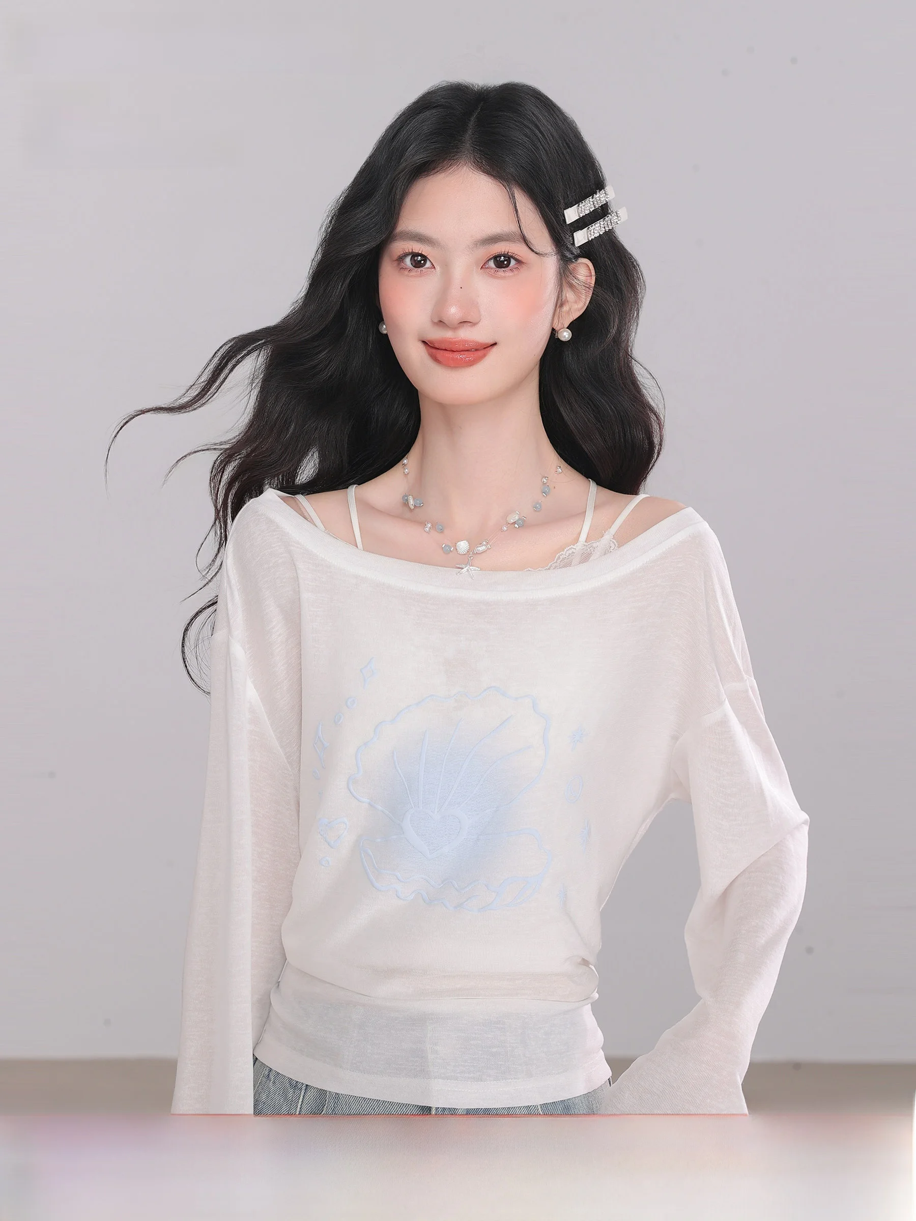 

Lightweight Long Sve T-irt Women's Casual Summer New Sle Printed ell And Tidal Leisure Polyester Rayon Blend Cover up