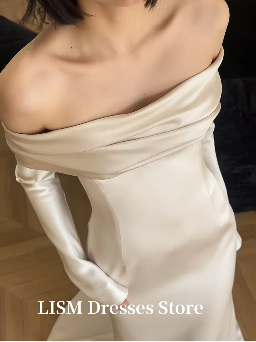 LISM Simple Mermaid Korea Wedding Dresses One Line Collar Soft Satin Off Shoulder Long Sleeves Elegant Evening Gowns Customized