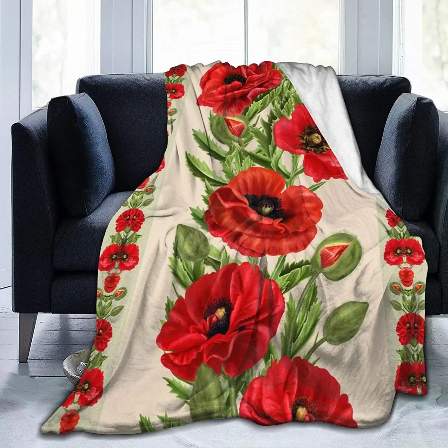 

3D Print Flannel Throw Blanket Red Flower Vintage Field of Poppies Brown Antique Home Decor Warm Soft Blankets Sofa Bed Office