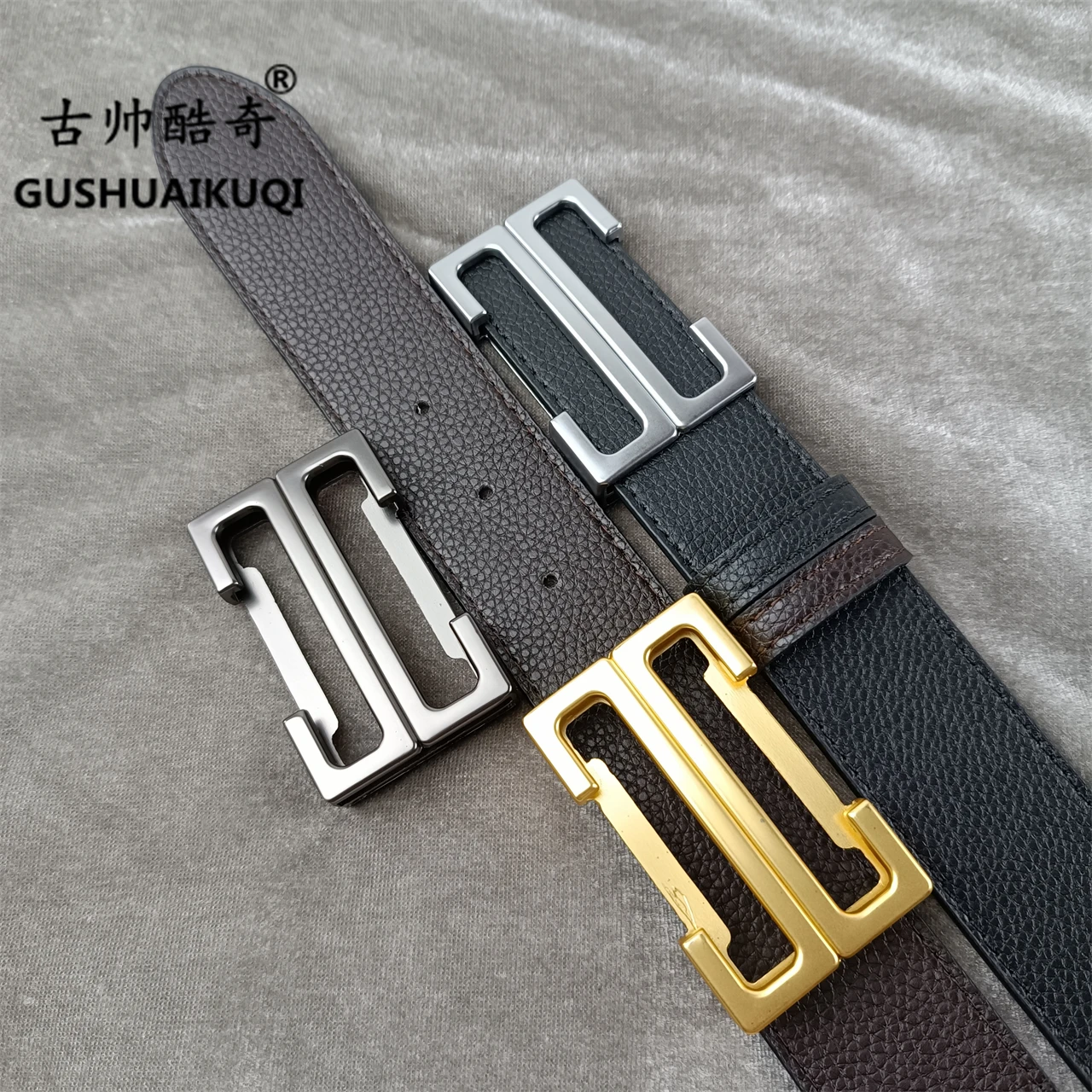 

2022 men's and women's wide buckle3.8 cm Gu Shuai new design men's and women's belt high-quality cowhide leather double-sided fr