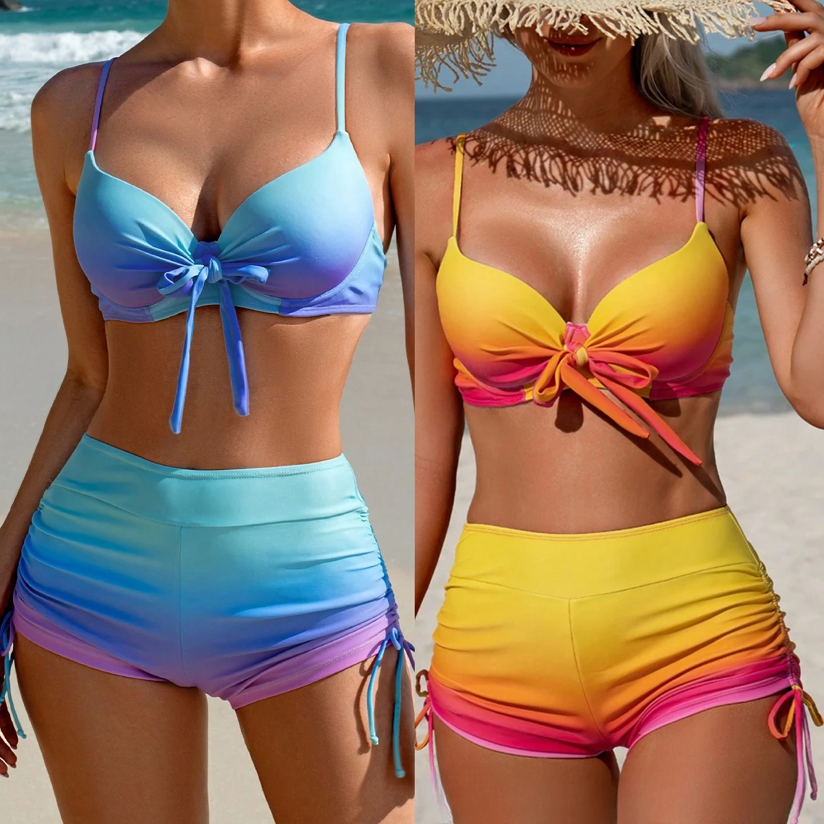 

Новинка 2025, женский сексуальный купальник-бикини, жесткий чехол, купальник-боксер, комплект из двух предметов, комплект бикини с высокой талией, пляжная одежда, купальник