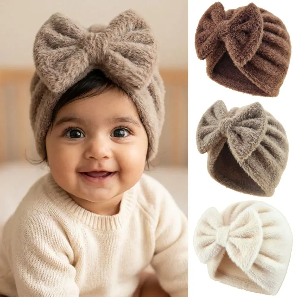 

Модная вязаная шапка из флиса с бантом, теплая однотонная шапка-шарф, мягкая дышащая шапка для новорожденных, осенне-зимняя шапка для девочек и мальчиков