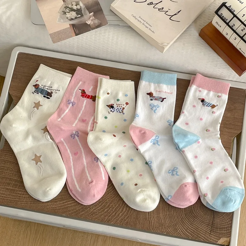 

5 pairs Cartoon fashionable versatile mid length socks cute casual comfortable spring summer long socks breathable women socks