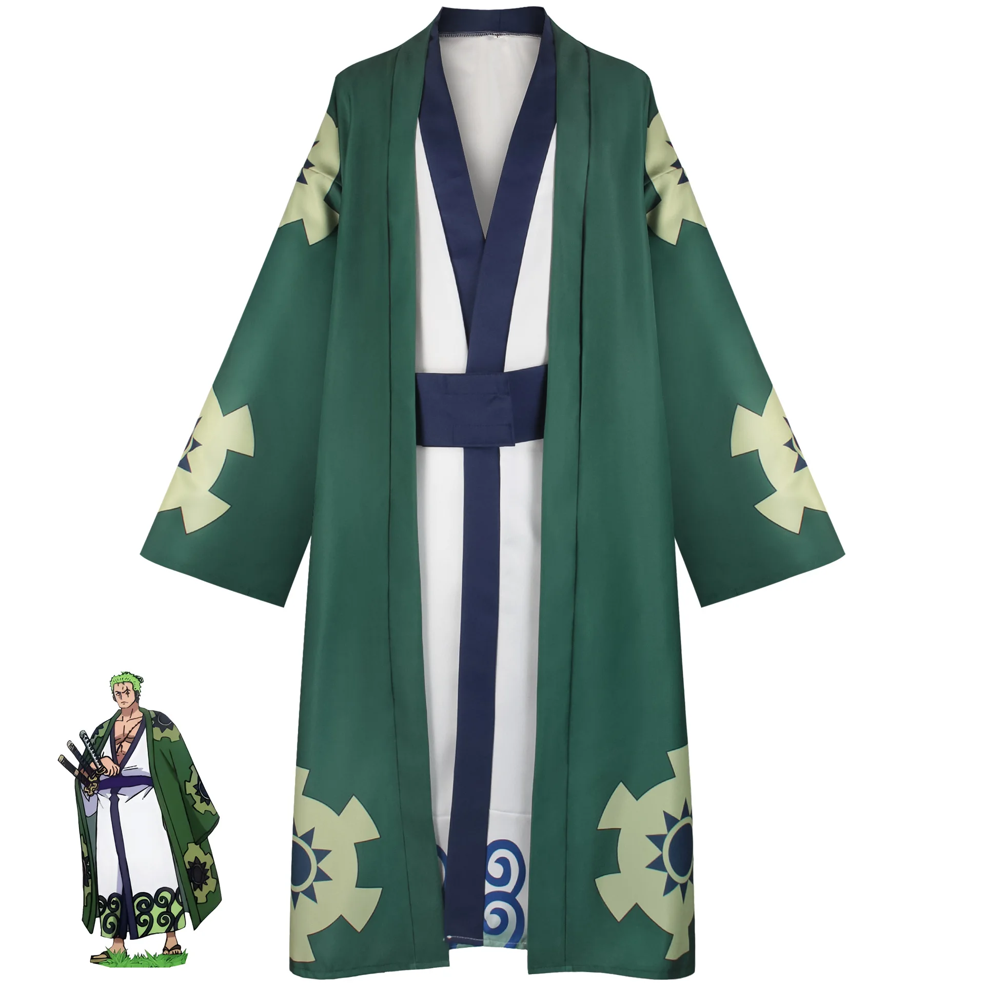 Traditional Japanese Samurai Kimono Suit Green Geometric Print Long Cardigan Robe with Inner Top & Belt Male Anime Cosplay Outfi view 6