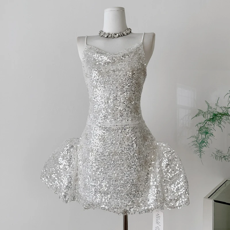 Вечернее платье с блестками, короткое роскошное бальное платье на бретельках на молнии, элегантное сказочное корейское модное женское платье, церемониальное платье