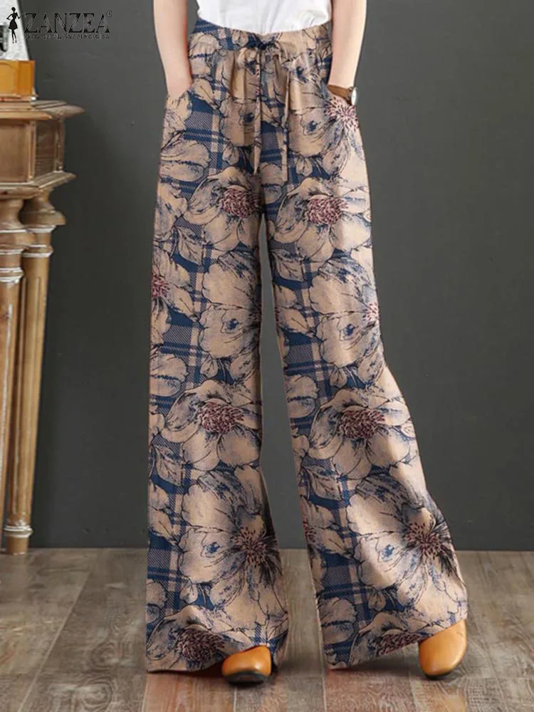 ZANZEA Bohemian Floral Printed Pants Autumn Fashion Wide Leg Pant Woman Casual Cotton Long Trousers Vintage Elastic Palazzo 2023