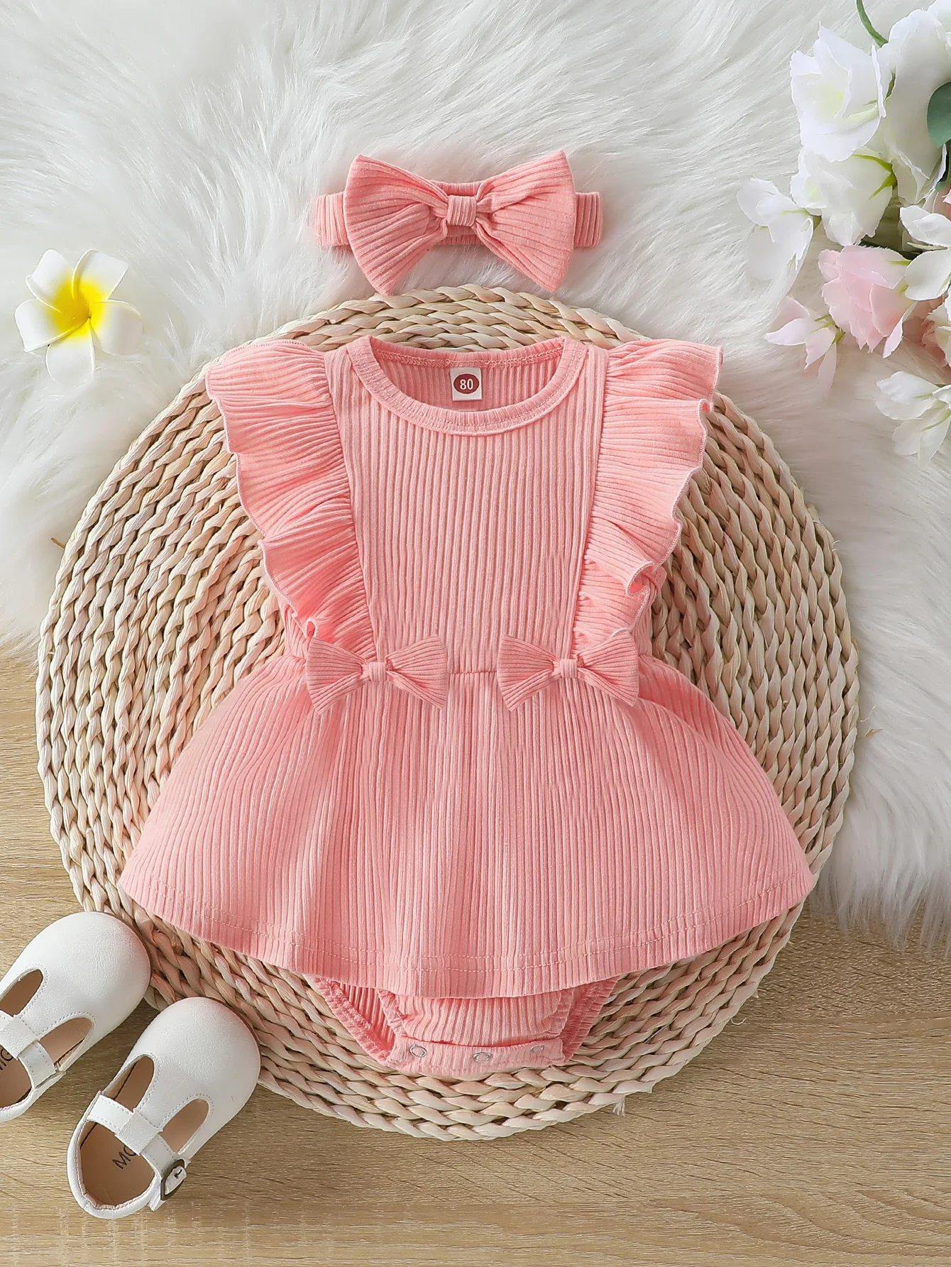 Listenwind Baby Girl Summer 2Pcs Outfit Solid Ribbed Ruffled Sleeveless Bow Romper Dress with Headband For 0-18 Months