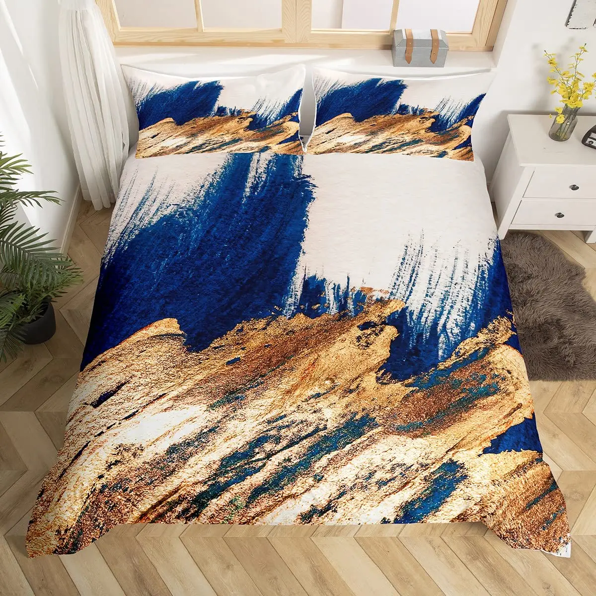 Navy Blue Golden Modern Abstract Art King Queen Duvet Cover Graffiti Comforter Cover Streaks Bedding Set Polyester Quilt Cover