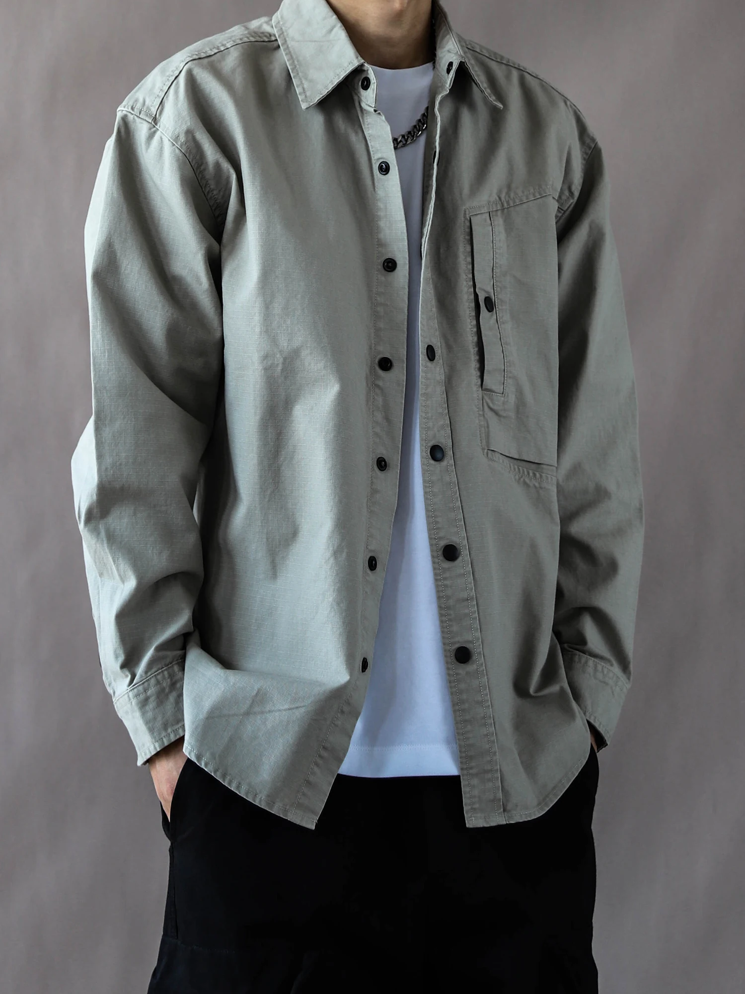 

American Sle Vintage Long Sve irt Men's Loose Casual Light ey Simple New 2025 Workwear Jaet Cotton 00%