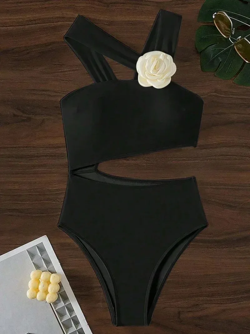 Summer Women Solid Color Swimsuit Sexy Flower Backless Pure Cotton Swimsuit Fashion Suspender Split Style Bikini Set