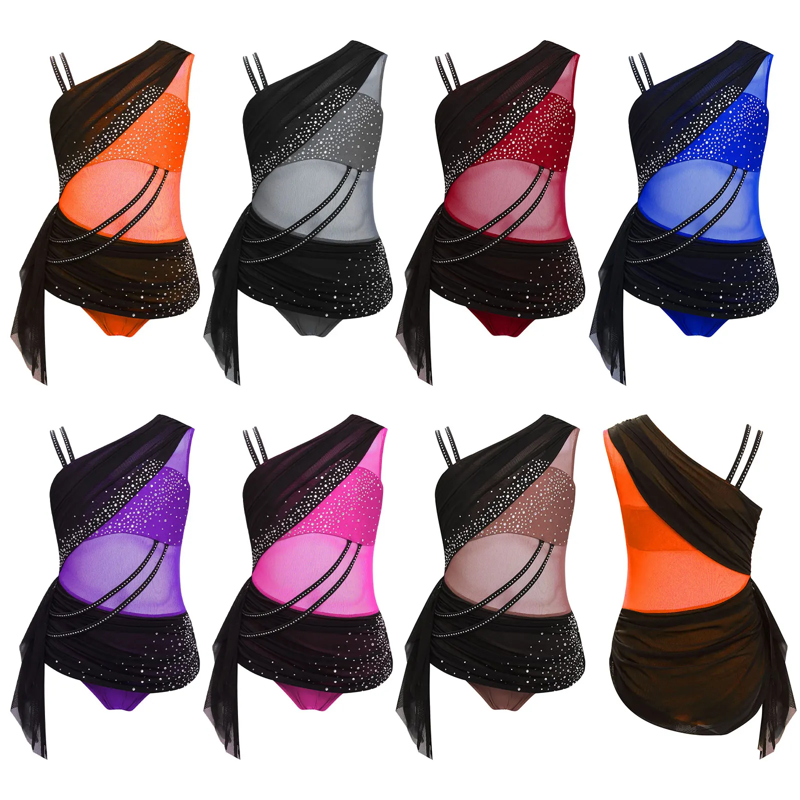 الفتيات سباركلي الراين رداء رقص الباليه فستان رقص غنائي بقماش شفاف غير متناظرة الرقص ارتداءها الجمباز التزلج ازياء