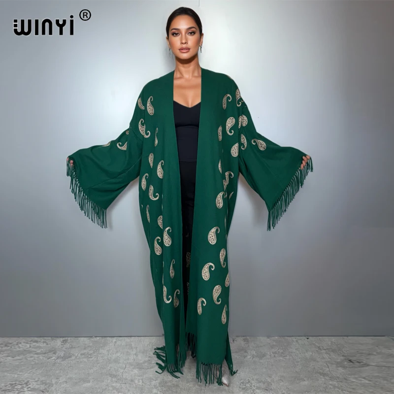 

WINYI Winter tassel cardigan Classic Embroidery Long Coat muslim woman dresses robe abaya dubai luxury Middle East Female kimono