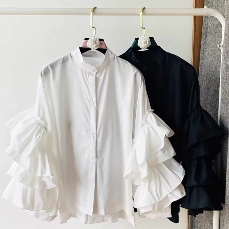 Women White Shirts Solid Full Ruffles Sleeve Turn-down Collar Single Breasted Loose Shirts Office Lady Streetwear Summer Tops